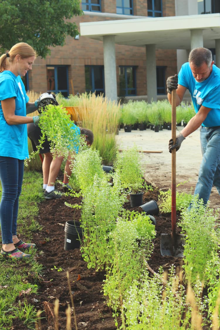 Volunteers gardening for widows